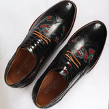 Ross - Sapatos Brogue Masculinos em Couro Preto com Estampa Floral de Caveira
