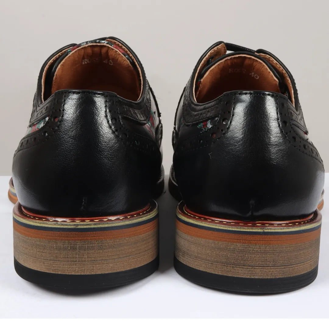 Ross - Sapatos Brogue Masculinos em Couro Preto com Estampa Floral de Caveira