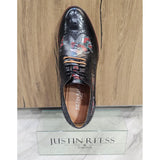 Ross - Sapatos Brogue Masculinos em Couro Preto com Estampa Floral de Caveira