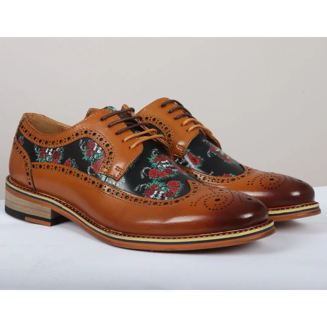 Ross - Sapatos Brogue Masculinos em Couro Marrom com Estampa Floral de Caveiras