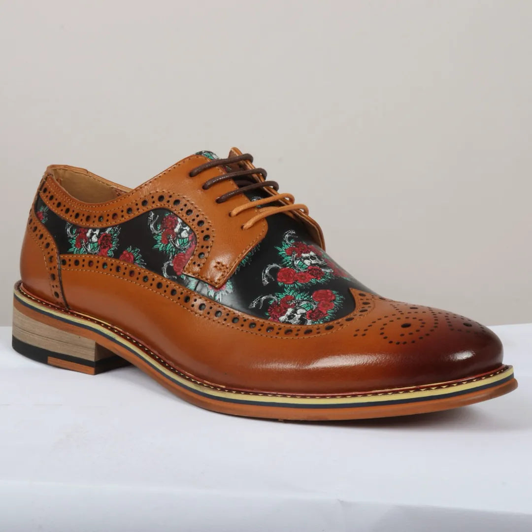 Ross - Sapatos Brogue Masculinos em Couro Marrom com Estampa Floral de Caveiras