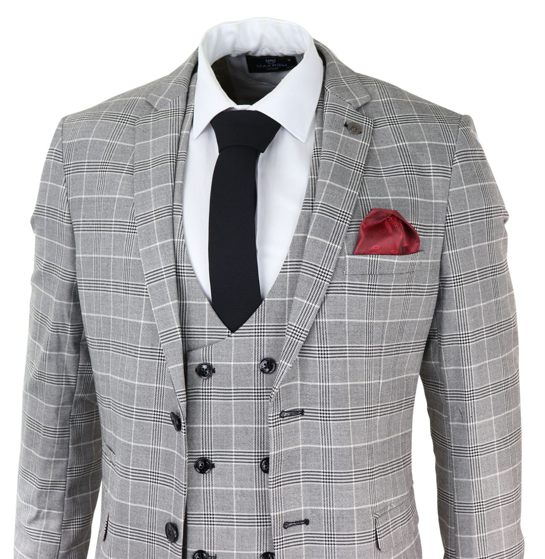 Terno masculino Marc Darcy cinza com estampa Príncipe de Gales Ross, corte slim, clássico, para escritório ou casamento.