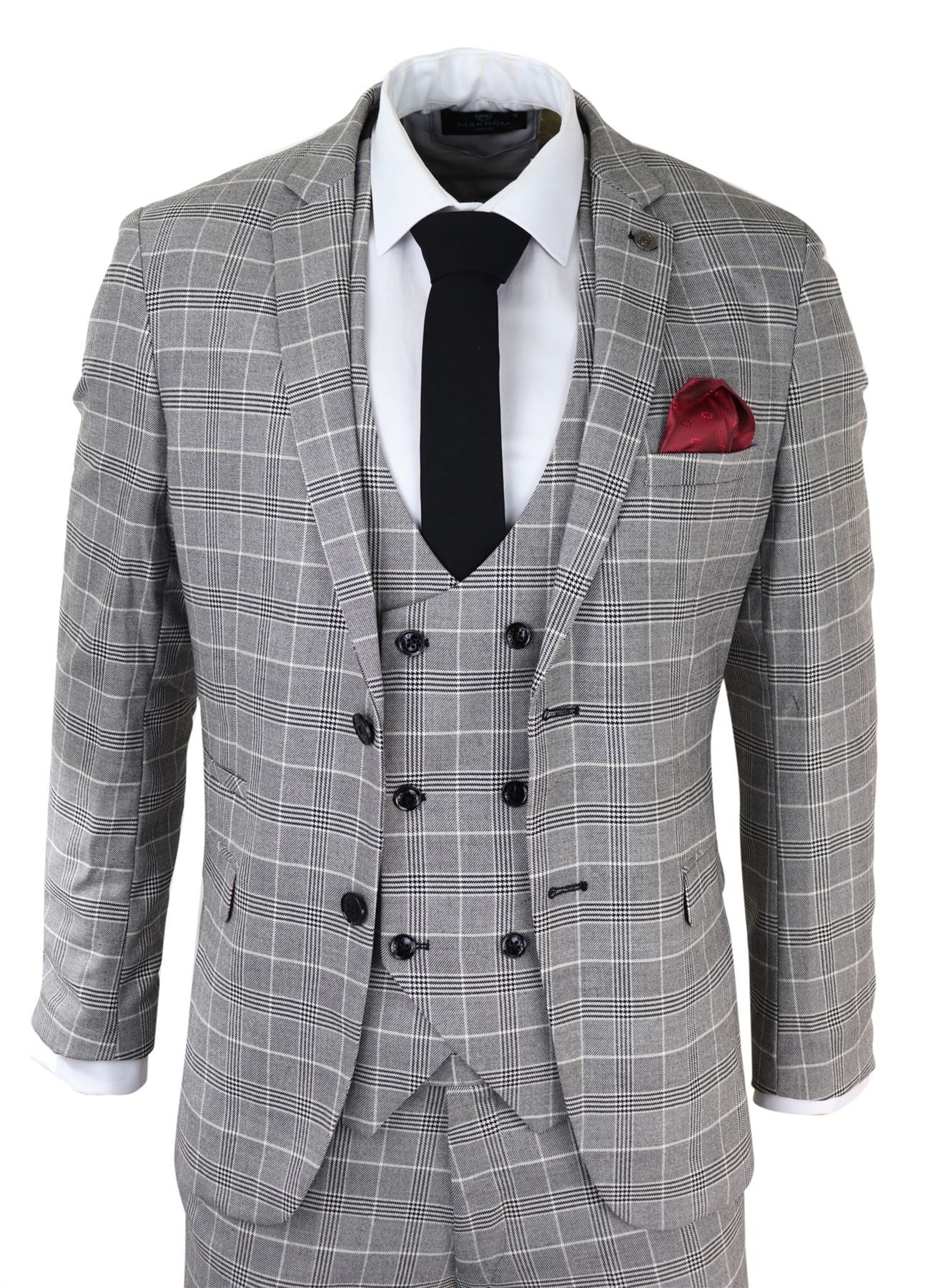 Terno masculino Marc Darcy cinza com estampa Príncipe de Gales Ross, corte slim, clássico, para escritório ou casamento.