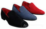 Sapatos Mocassim Masculinos Slip On em Camurça, Couro, Estilo Casual Elegante, nas cores Vermelho, Azul e Preto.