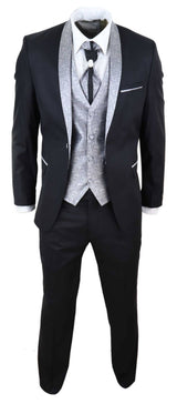 Terno masculino de 4 peças com lapela xale - Preto/Prateado