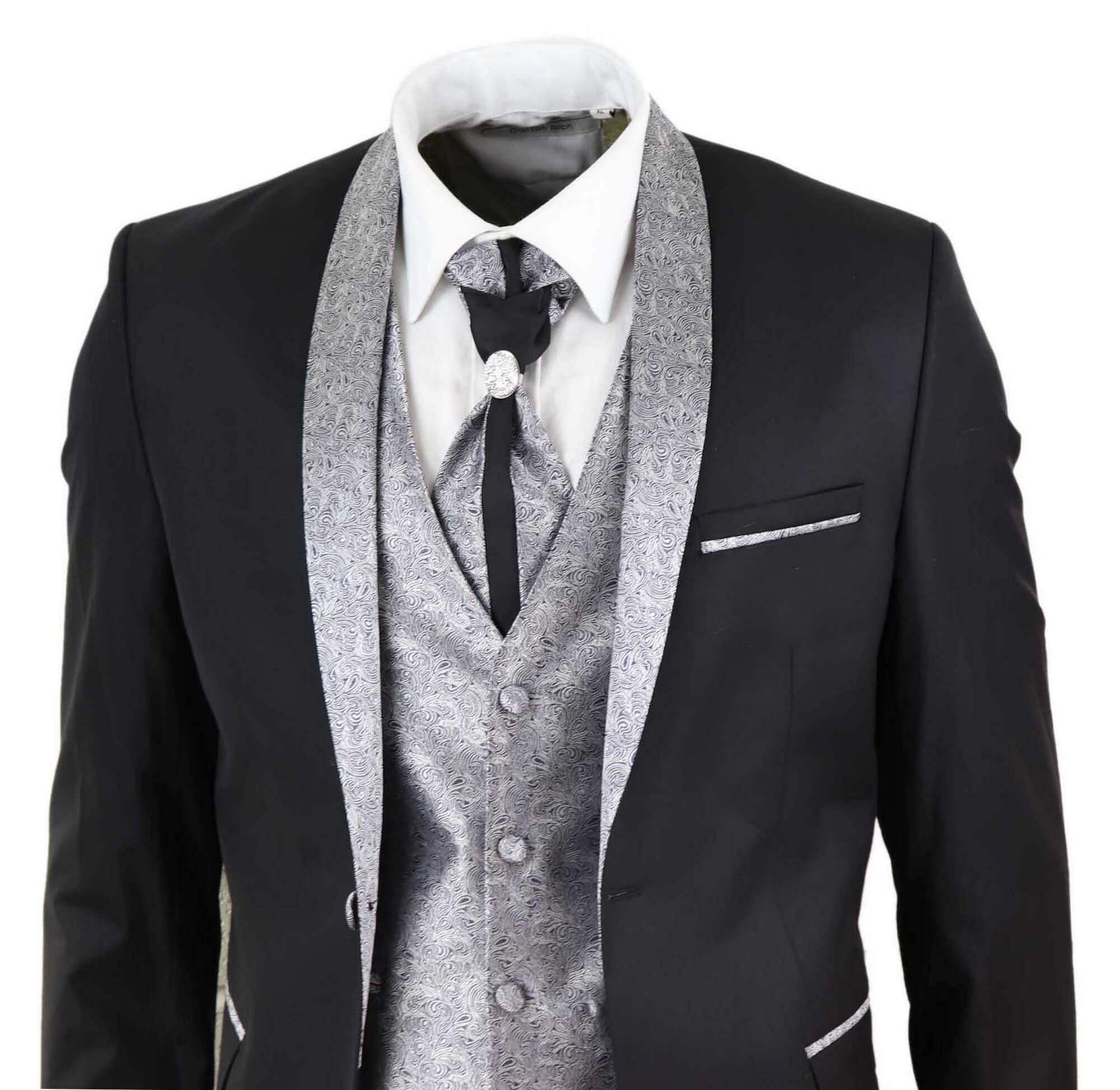 Terno masculino de 4 peças com lapela xale - Preto/Prateado