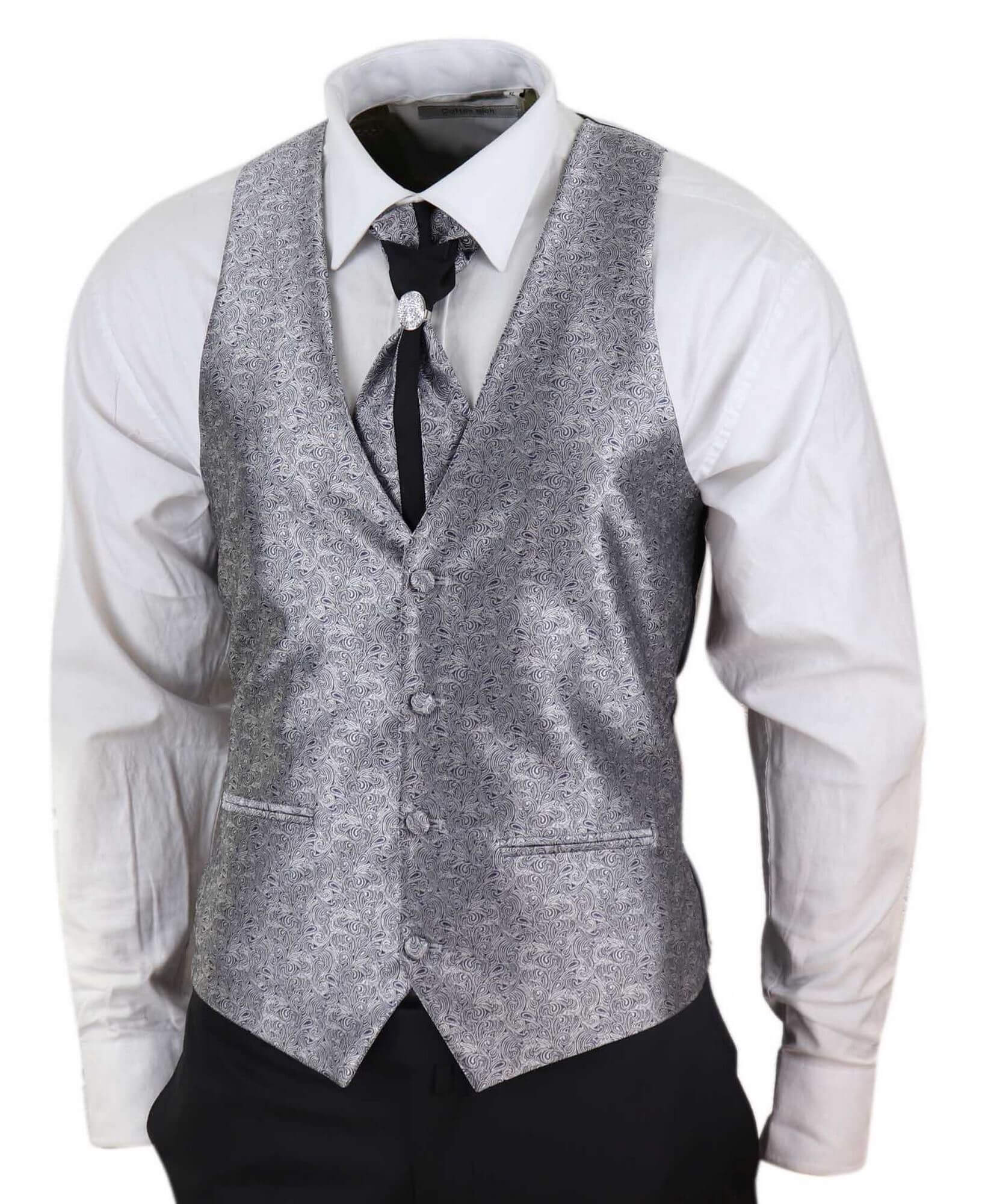 Terno masculino de 4 peças com lapela xale - Preto/Prateado