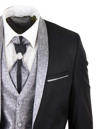 Terno masculino de 4 peças com lapela xale - Preto/Prateado