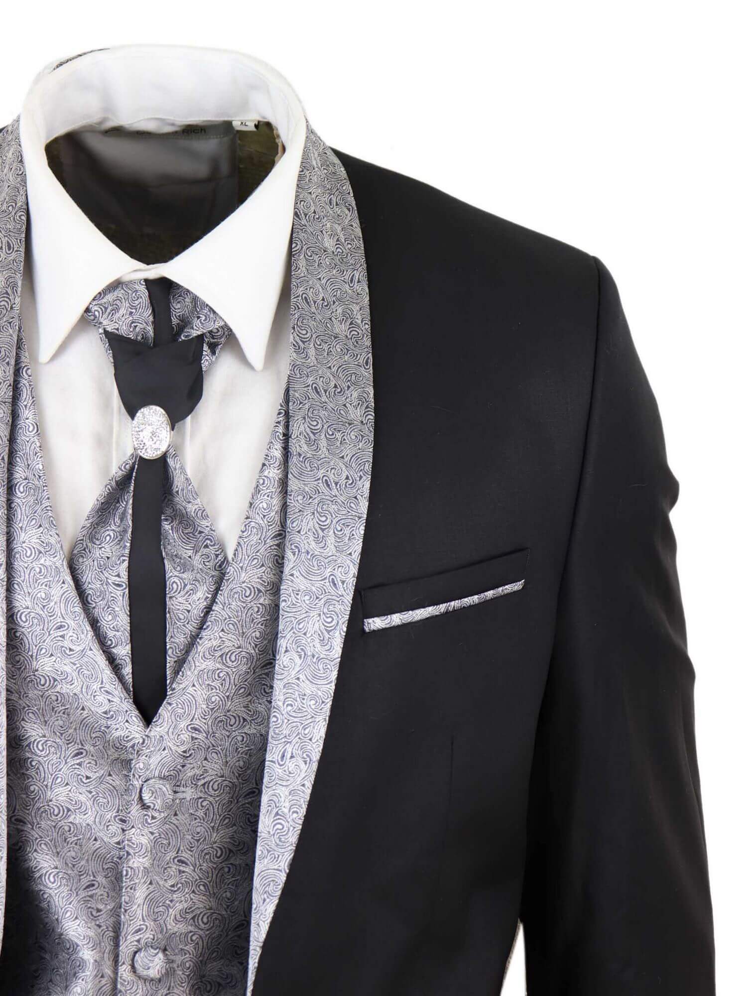 Terno masculino de 4 peças com lapela xale - Preto/Prateado