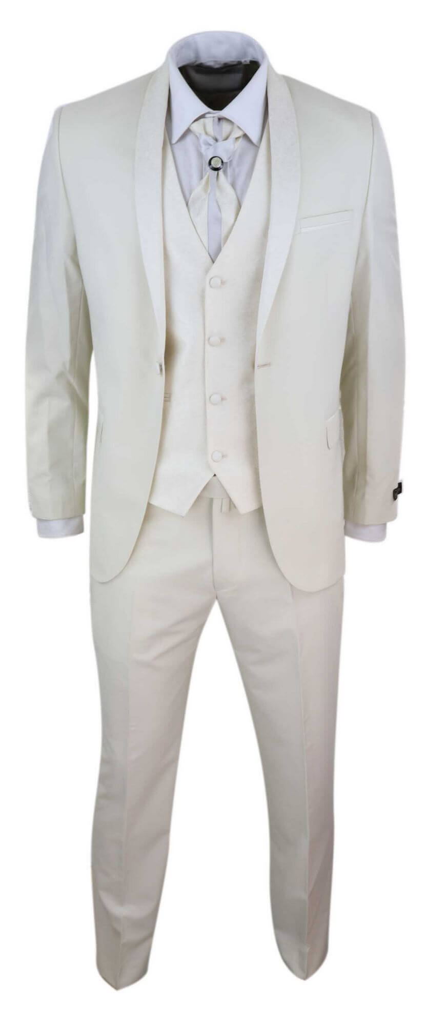 Terno masculino de 4 peças com lapela xale - Creme