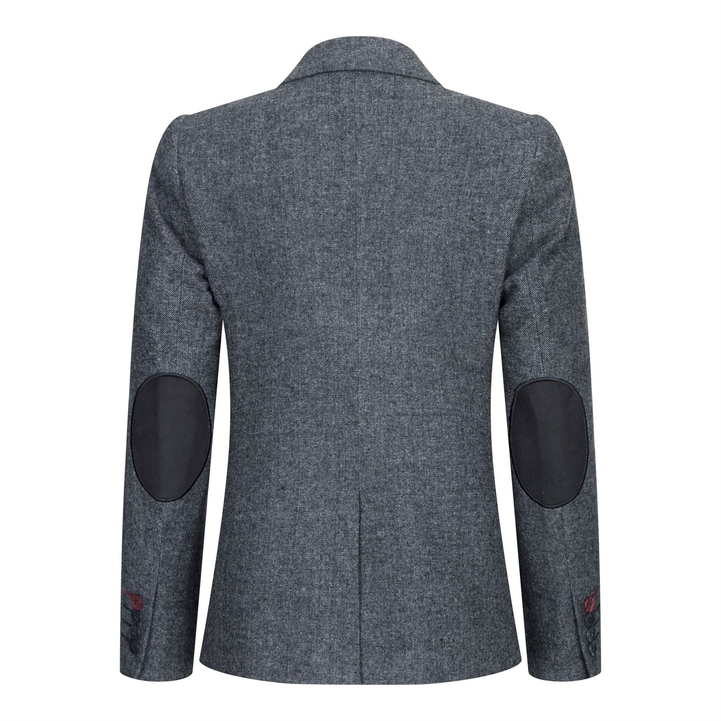 Blazer feminino clássico vintage dos anos 1920 em lã tweed com cotoveleiras, cinza.
