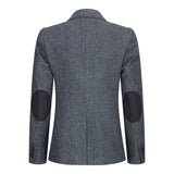 Blazer feminino clássico vintage dos anos 1920 em lã tweed com cotoveleiras, cinza.