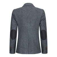 Blazer feminino clássico vintage dos anos 1920 em lã tweed com cotoveleiras, cinza.