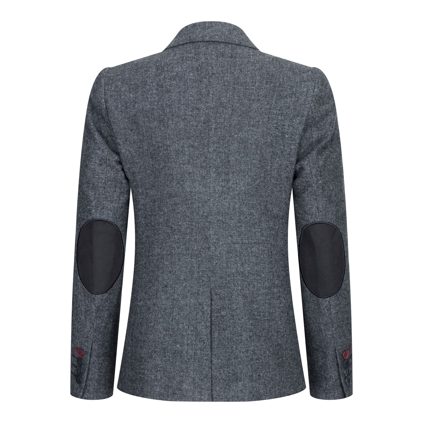 Blazer feminino clássico vintage dos anos 1920 em lã tweed com cotoveleiras, cinza.