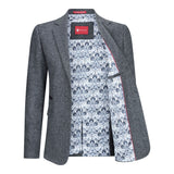 Blazer feminino clássico vintage dos anos 1920 em lã tweed com cotoveleiras, cinza.
