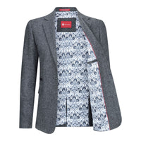 Blazer feminino clássico vintage dos anos 1920 em lã tweed com cotoveleiras, cinza.