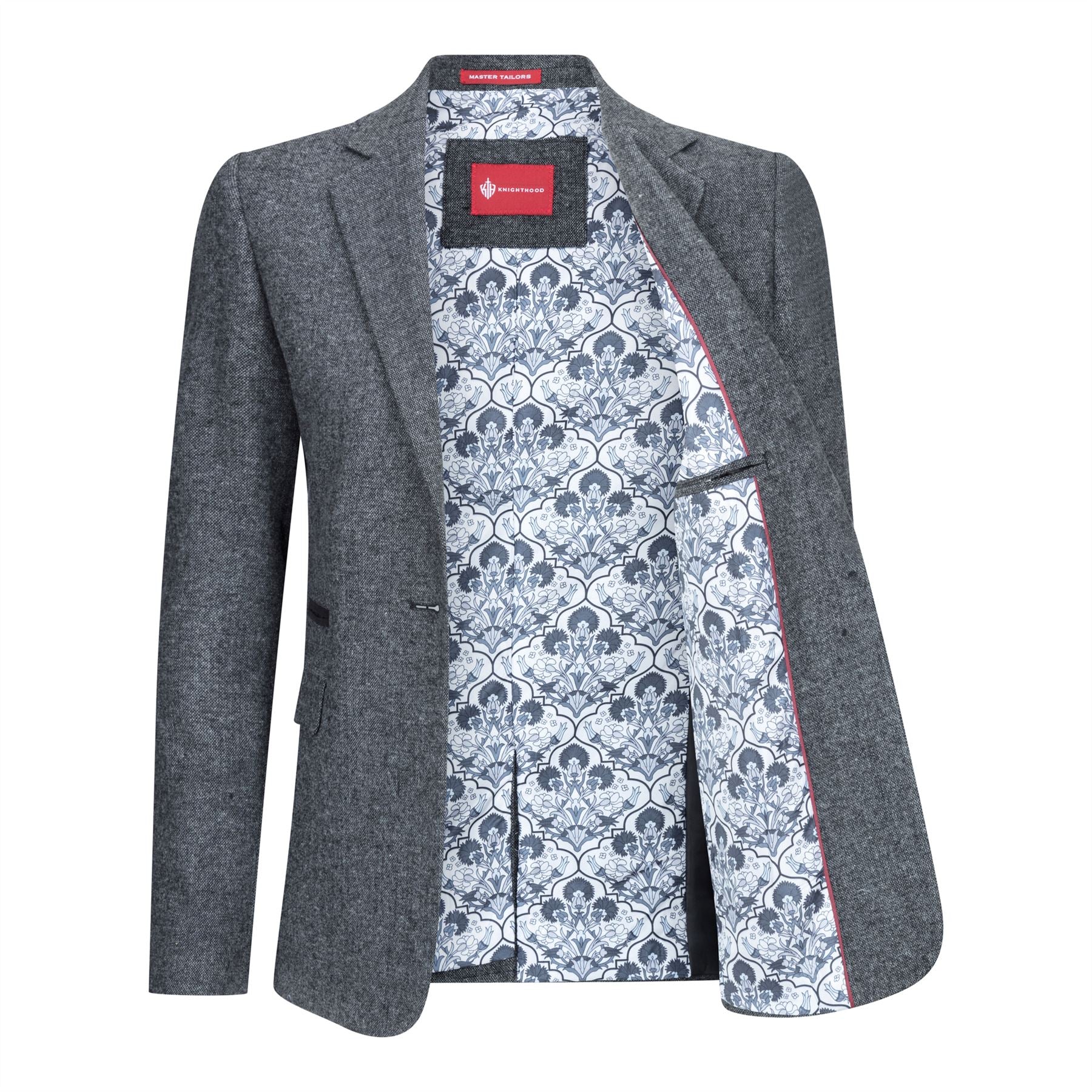 Blazer feminino clássico vintage dos anos 1920 em lã tweed com cotoveleiras, cinza.