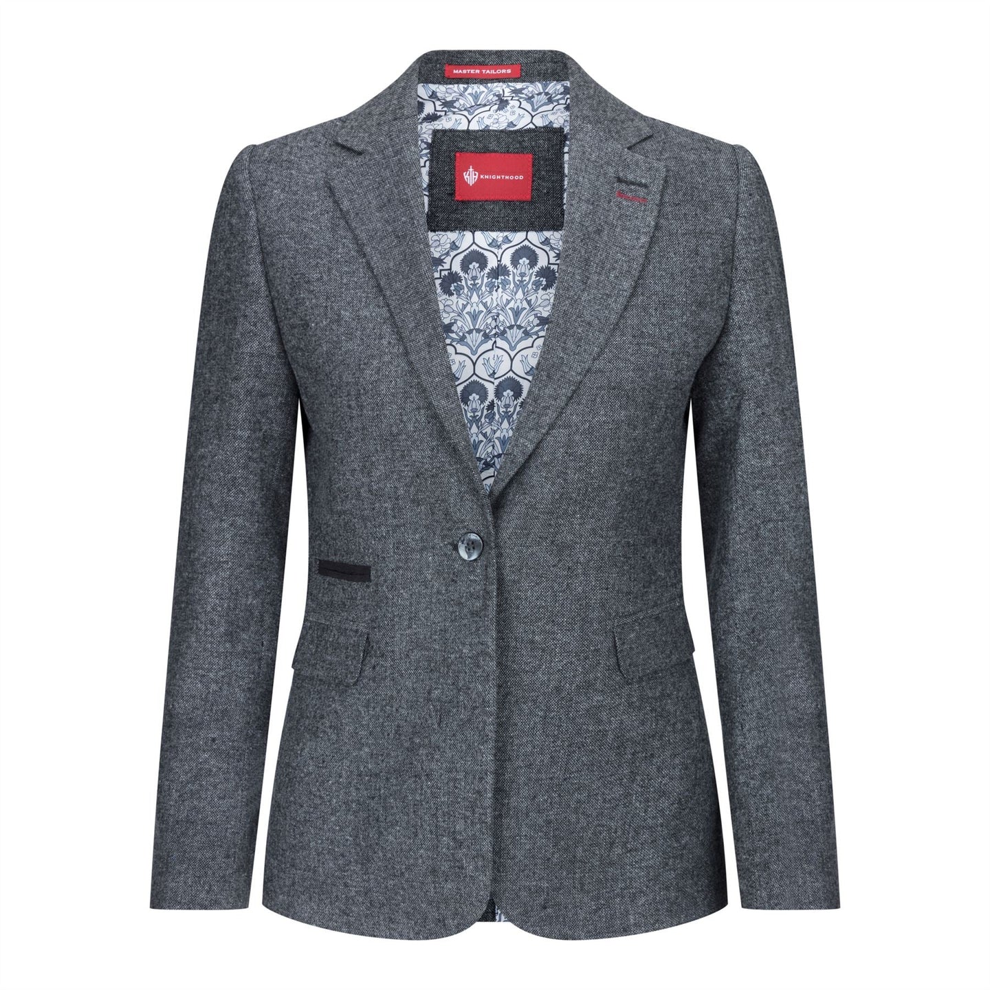 Blazer feminino clássico vintage dos anos 1920 em lã tweed com cotoveleiras, cinza.