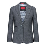 Blazer feminino clássico vintage dos anos 1920 em lã tweed com cotoveleiras, cinza.