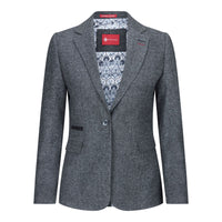 Blazer feminino clássico vintage dos anos 1920 em lã tweed com cotoveleiras, cinza.