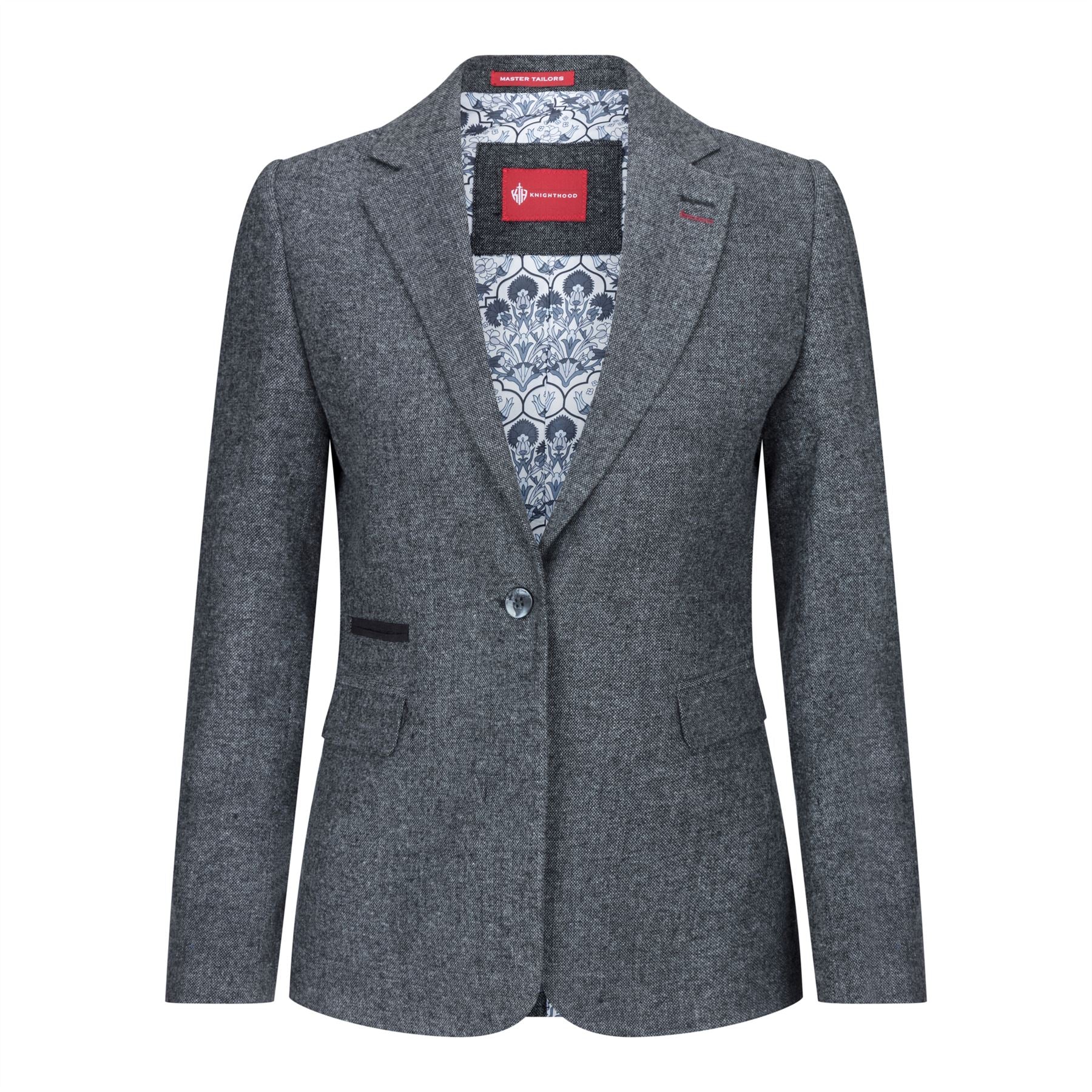 Blazer feminino clássico vintage dos anos 1920 em lã tweed com cotoveleiras, cinza.