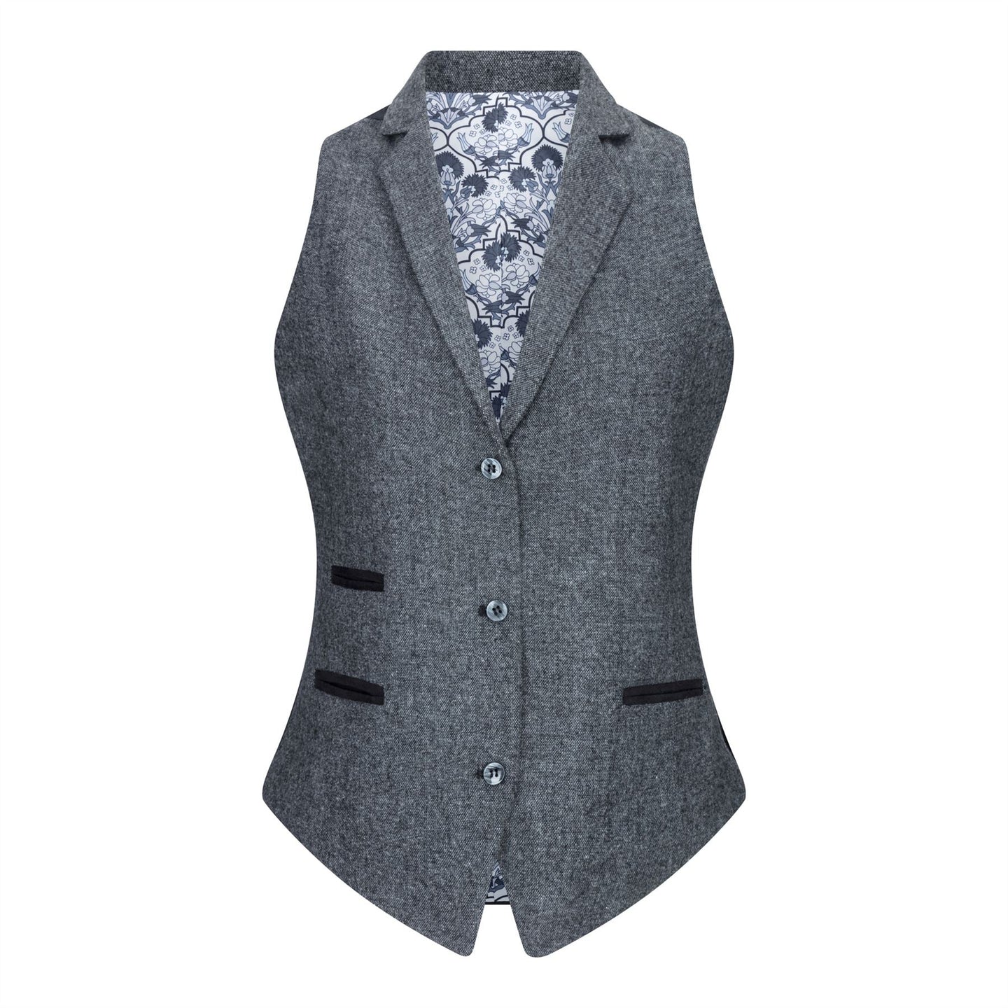Conjunto feminino com colete em lã tweed, com cotoveleiras, estilo vintage clássico dos anos 1920, cinza.