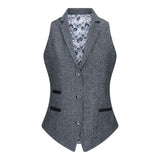 Conjunto feminino com colete em lã tweed, com cotoveleiras, estilo vintage clássico dos anos 1920, cinza.