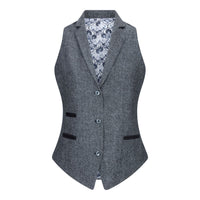 Conjunto feminino com colete em lã tweed, com cotoveleiras, estilo vintage clássico dos anos 1920, cinza.