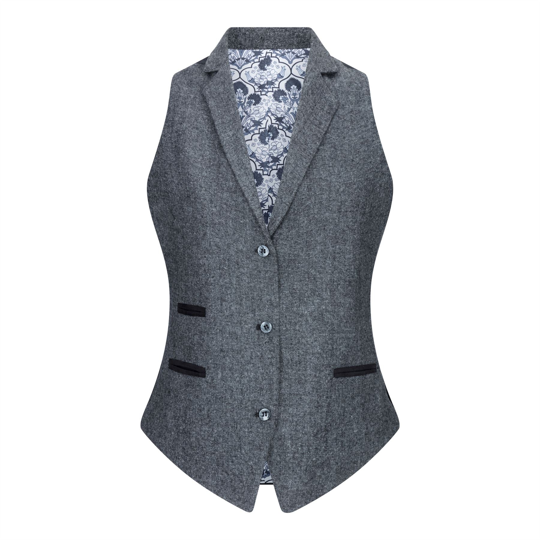 Conjunto feminino com colete em lã tweed, com cotoveleiras, estilo vintage clássico dos anos 1920, cinza.
