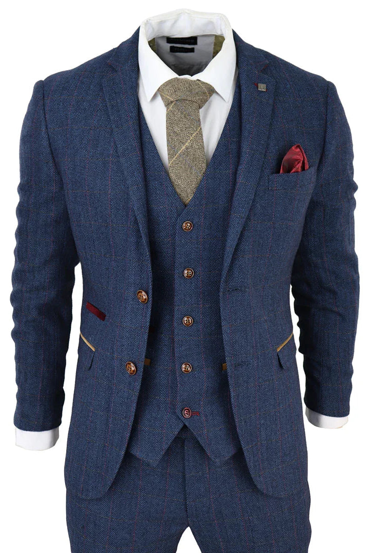 Terno masculino Scott azul de tweed xadrez de 3 peças