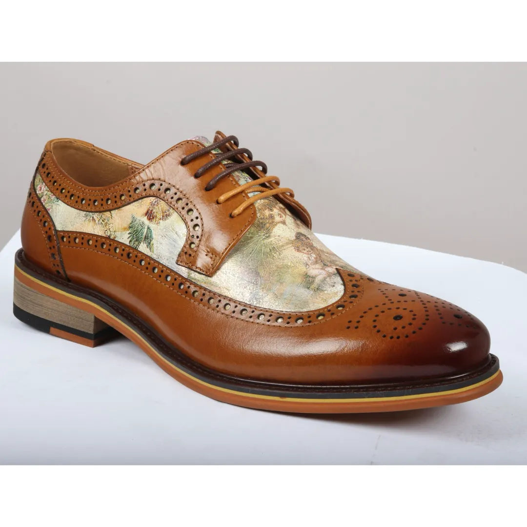 Scott - Sapatos Brogue Masculinos em Couro Marrom com Estampa Icônica