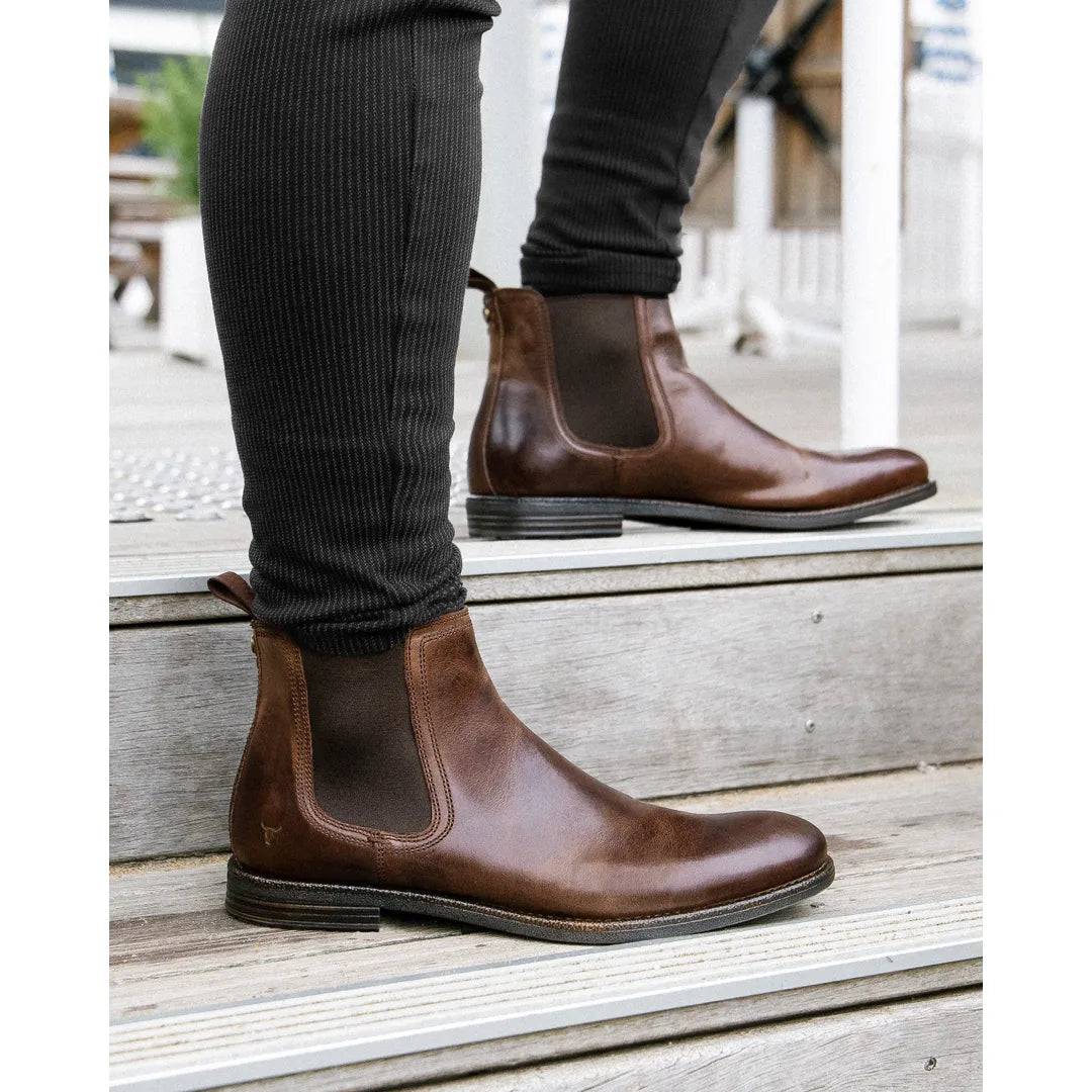 Sergio - Botas Chelsea Masculinas de Couro Marrom Sem Cadarço