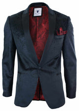 Blazer masculino Marc Darcy Simon em veludo preto com estampa paisley, corte elegante, ideal para jantares casuais.