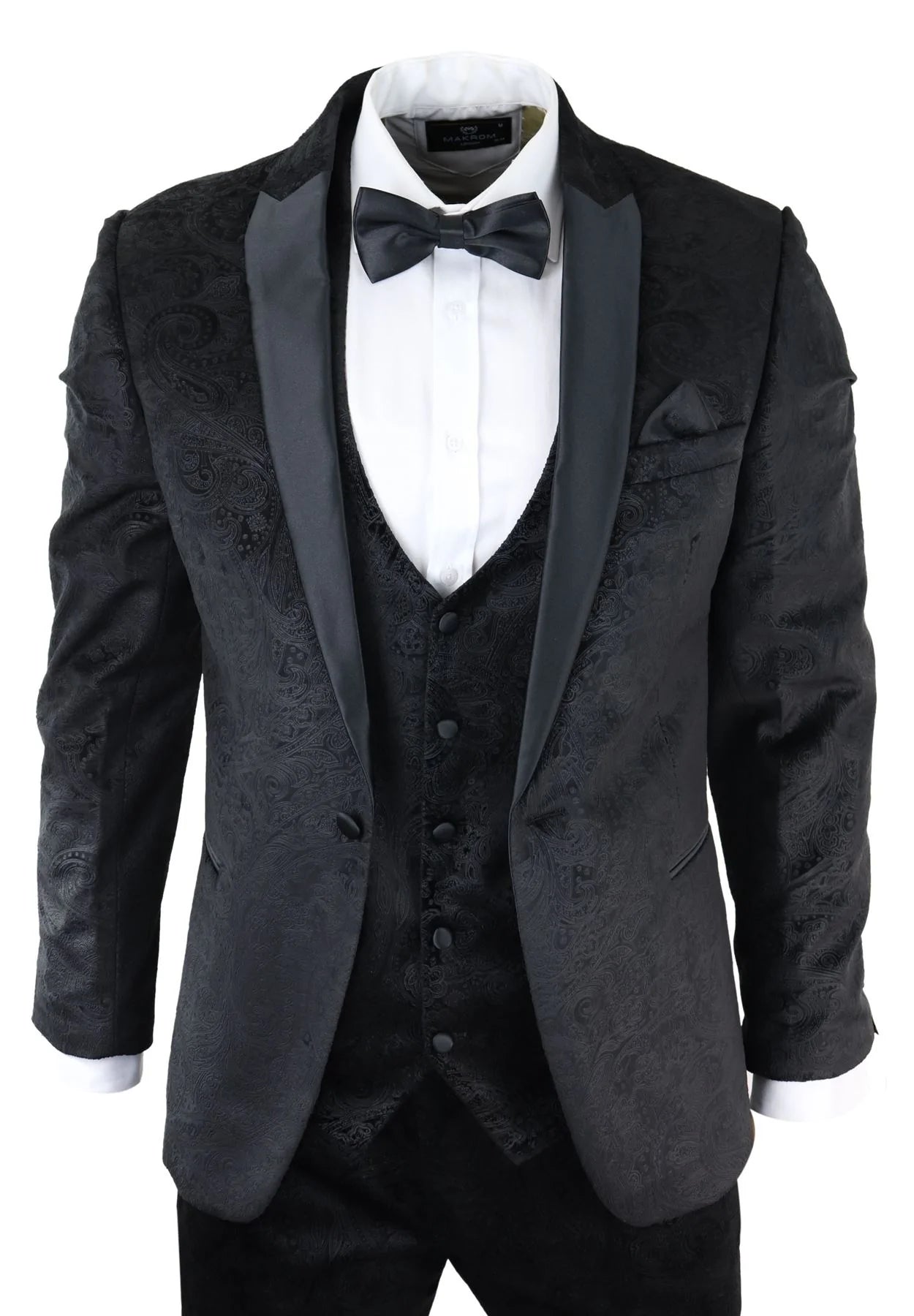 Terno masculino Marc Darcy de veludo preto com estampa paisley, 3 peças, smoking para jantar ou casamento.