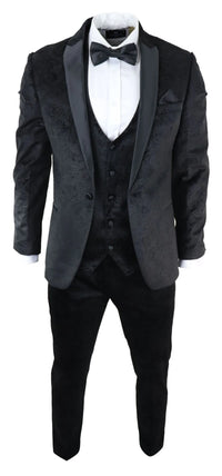 Terno masculino Marc Darcy de veludo preto com estampa paisley, 3 peças, smoking para jantar ou casamento.