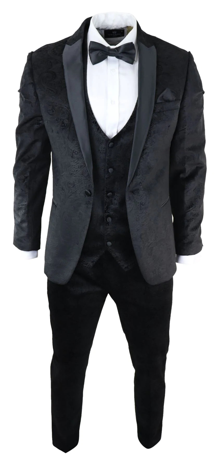 Terno masculino Marc Darcy de veludo preto com estampa paisley, 3 peças, smoking para jantar ou casamento.