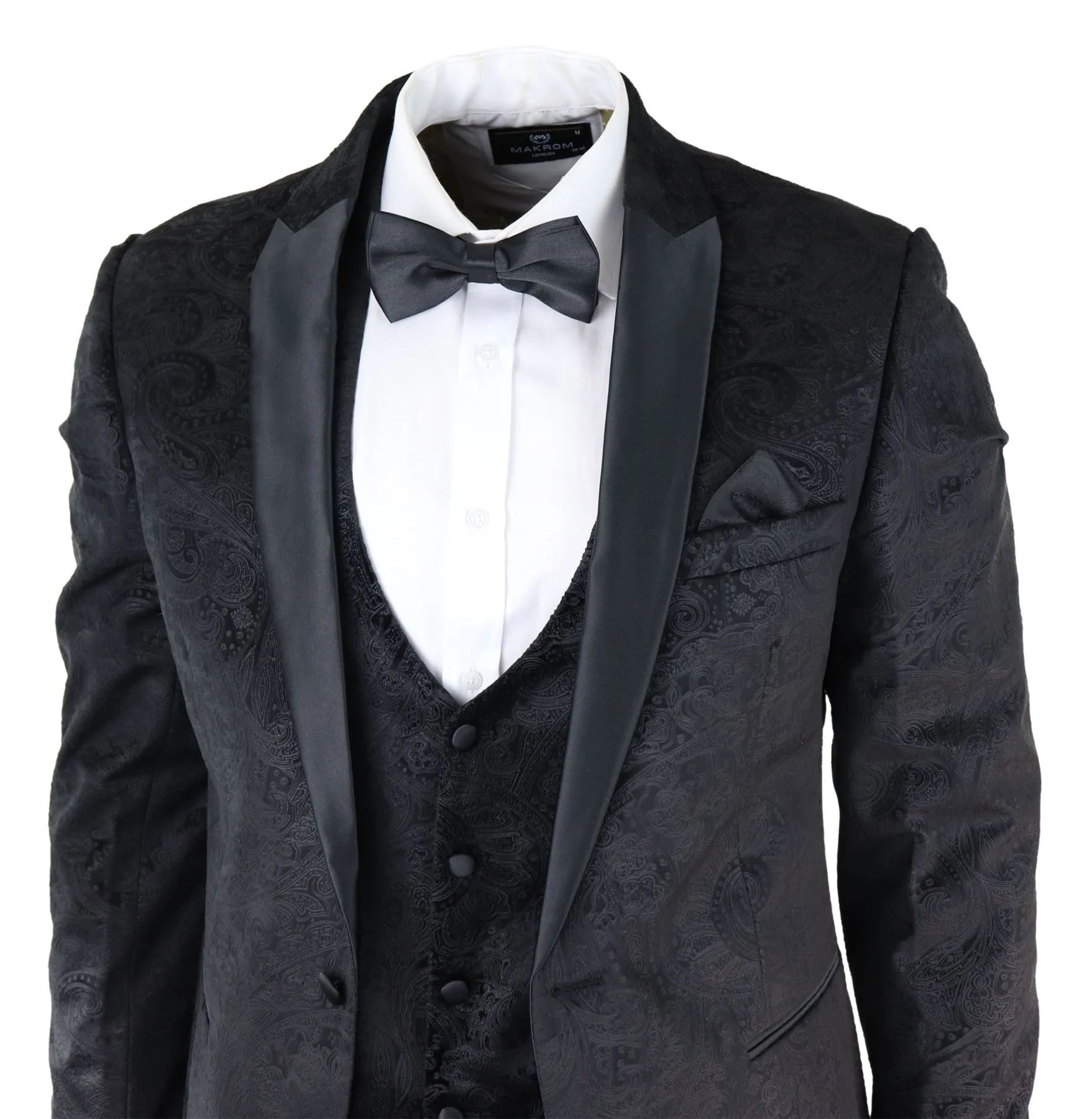 Terno masculino Marc Darcy de veludo preto com estampa paisley, 3 peças, smoking para jantar ou casamento.