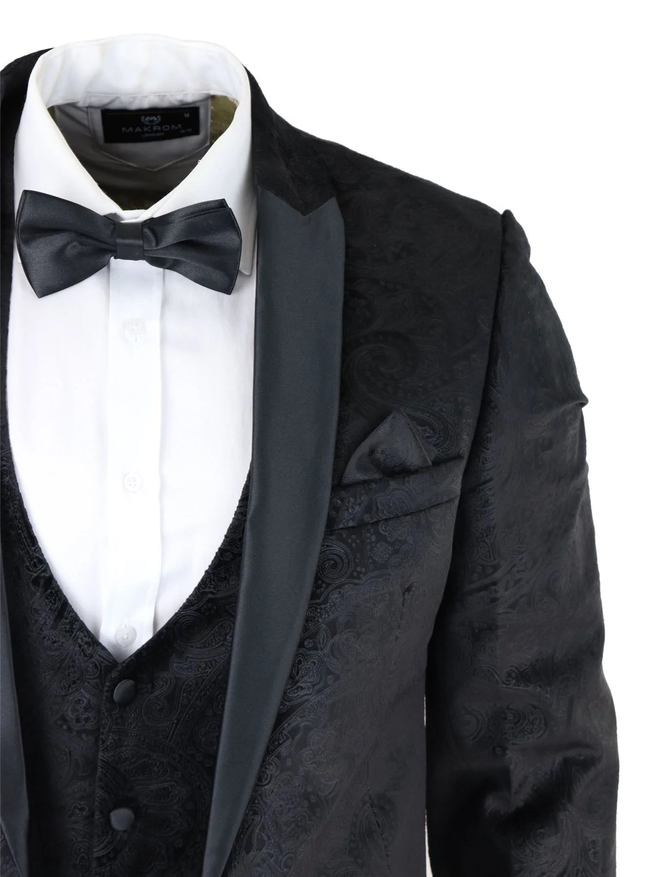 Terno masculino Marc Darcy de veludo preto com estampa paisley, 3 peças, smoking para jantar ou casamento.