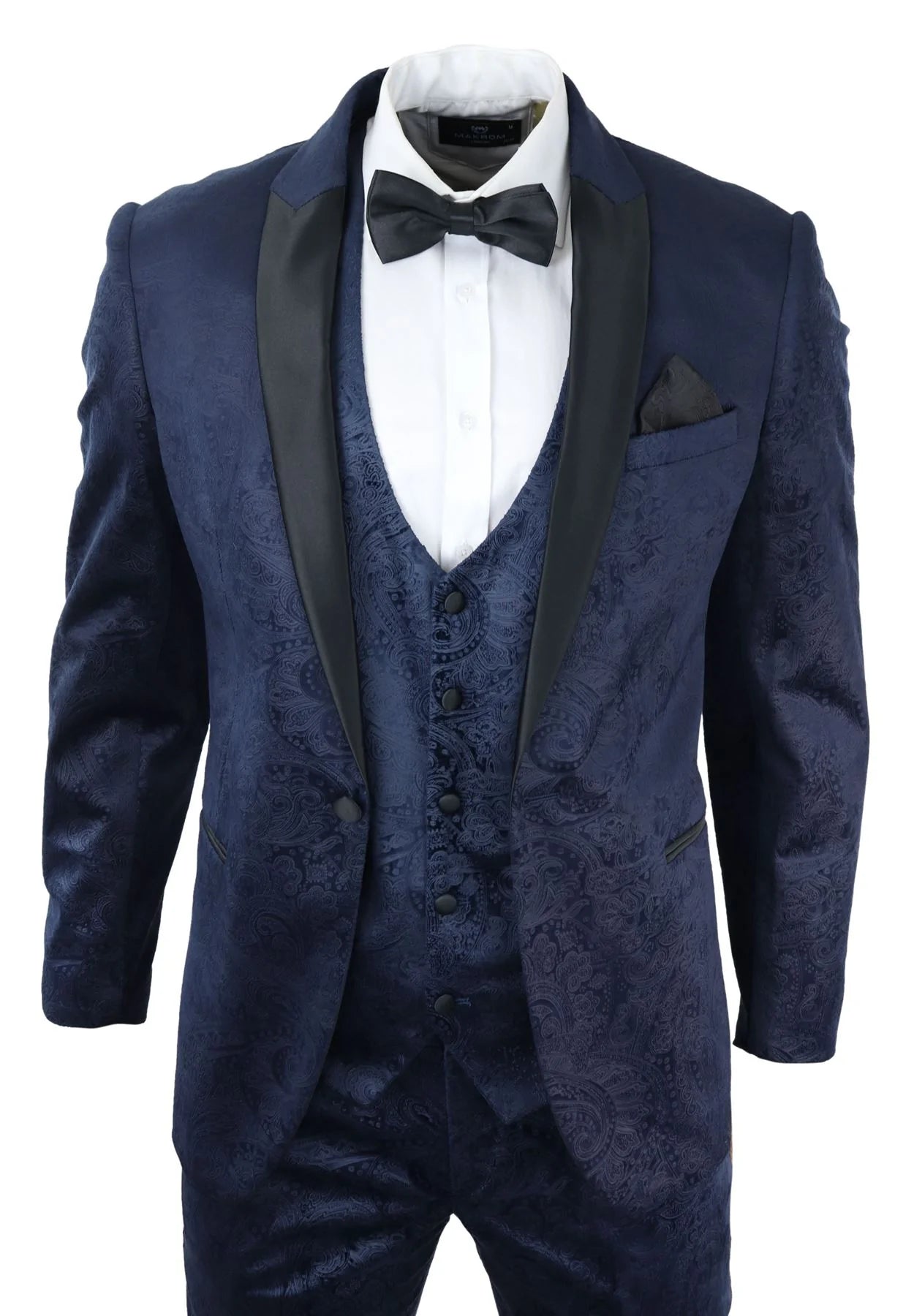 Terno masculino Marc Darcy de veludo azul com estampa paisley, 3 peças, smoking para jantar ou casamento.