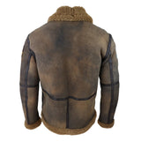 Jaqueta clássica de inverno masculina em pele de carneiro marrom com efeito desgastado e forro de pele cor camelo com zíper.