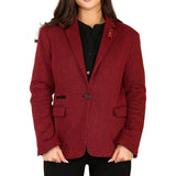 Blazer feminino em tweed espinha de peixe, vermelho vinho, clássico dos anos 1920.