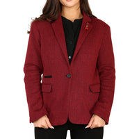 Blazer feminino em tweed espinha de peixe, vermelho vinho, clássico dos anos 1920.