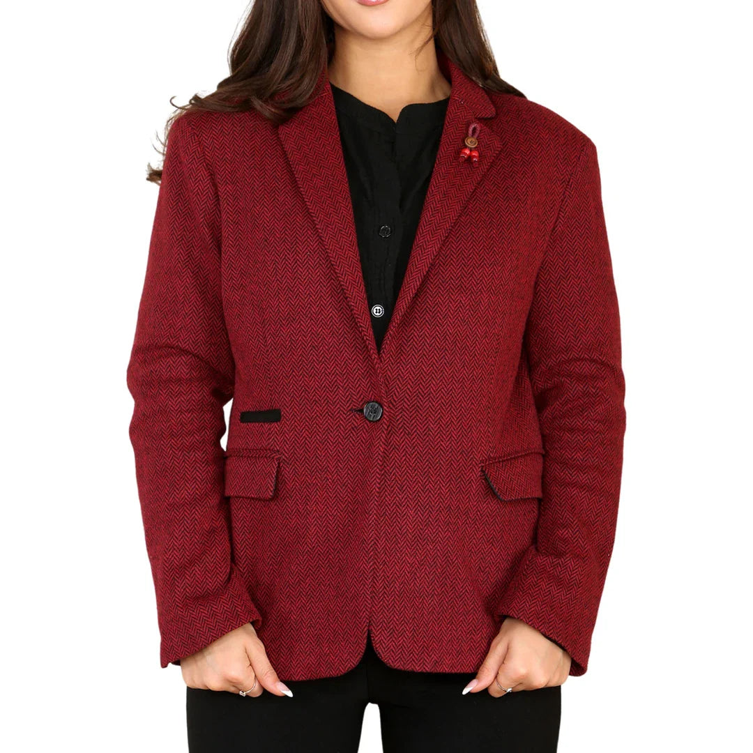 Blazer feminino em tweed espinha de peixe, vermelho vinho, clássico dos anos 1920.