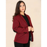 Blazer feminino em tweed espinha de peixe, vermelho vinho, clássico dos anos 1920.