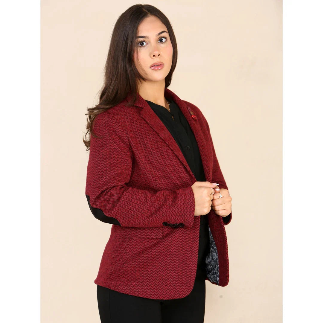 Blazer feminino em tweed espinha de peixe, vermelho vinho, clássico dos anos 1920.