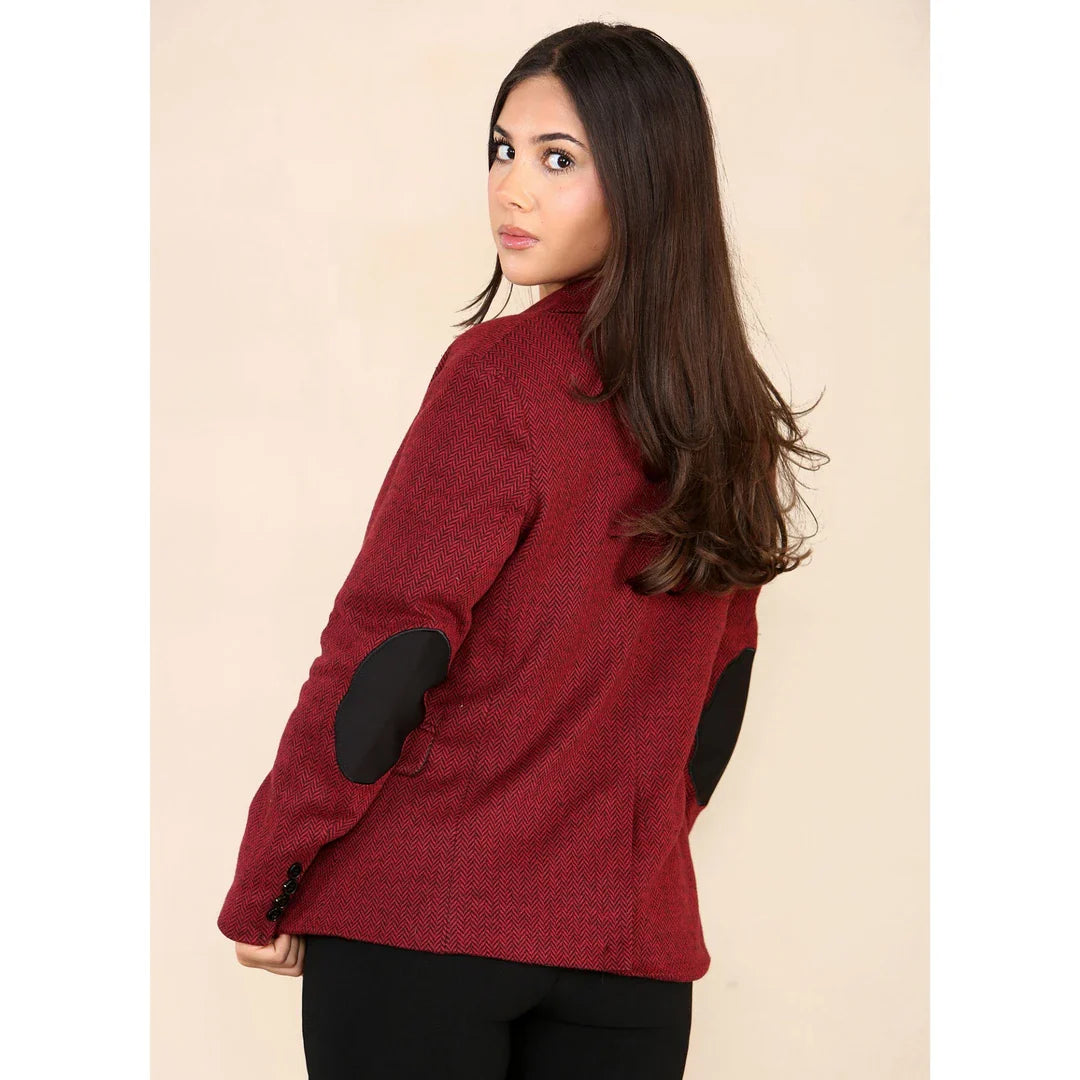 Blazer feminino em tweed espinha de peixe, vermelho vinho, clássico dos anos 1920.