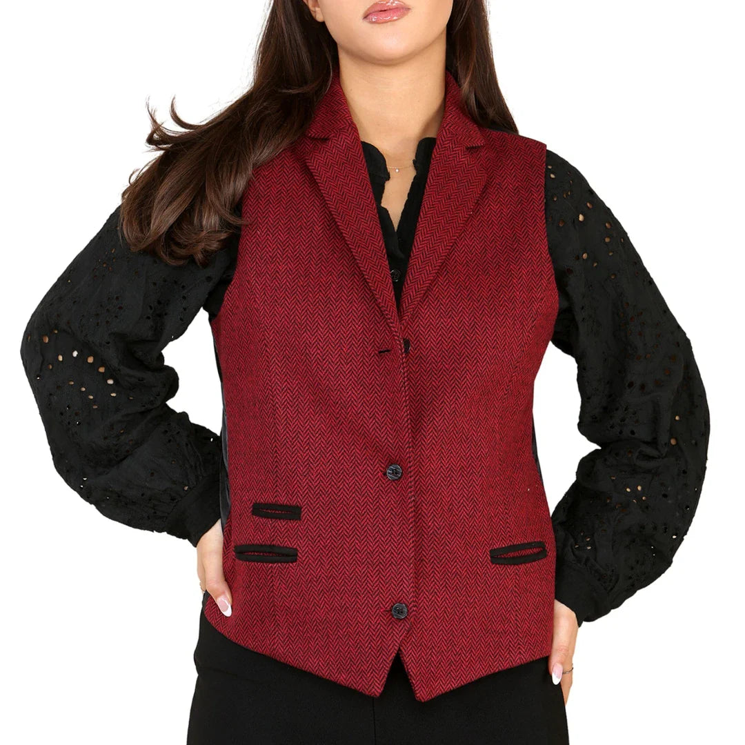 Colete feminino de tweed espinha de peixe, vermelho vinho, clássico dos anos 1920.