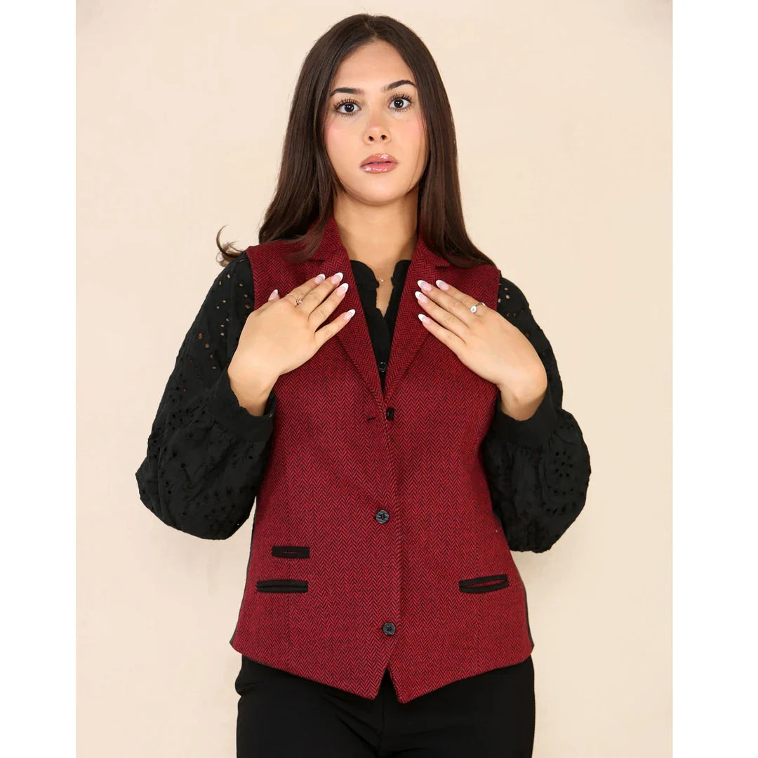 Colete feminino de tweed espinha de peixe, vermelho vinho, clássico dos anos 1920.
