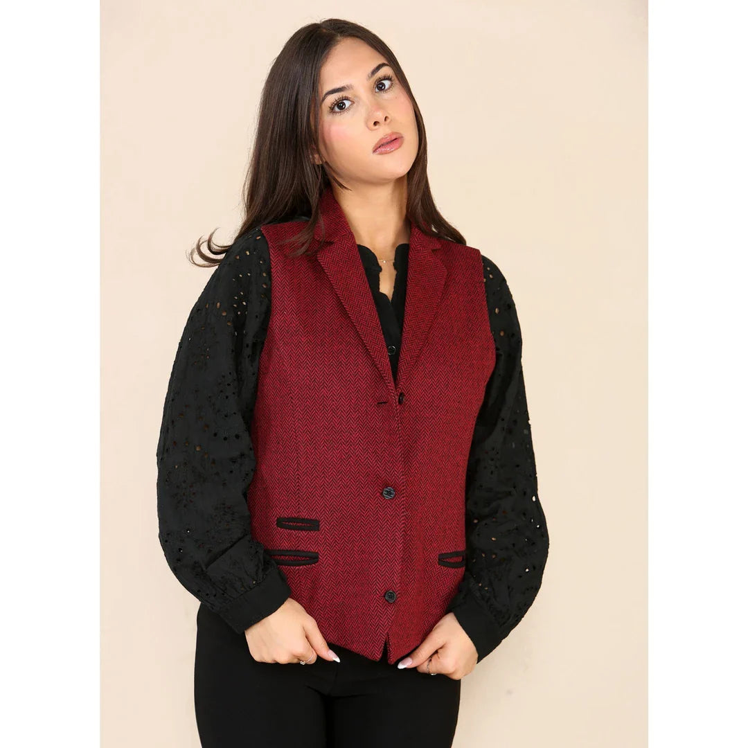 Colete feminino de tweed espinha de peixe, vermelho vinho, clássico dos anos 1920.