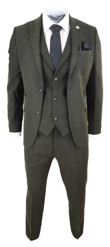 Terno masculino de 3 peças em tweed de lã verde-oliva - STZ11